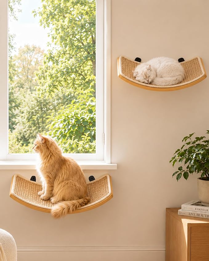 Curved Cat Wall Hammock with Scratchable Sisal Pad, Large Floating Cat Shelf for Wall, Wall Mounted Beige Bed for Playing, Climbing, and Sleeping
