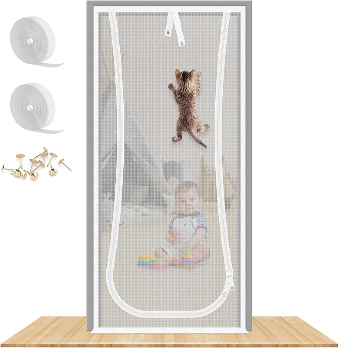 New Reinforced Cat Screen Door, Fits Door Size 30''x 80'' Heavy Duty Pets Proof Screen Door with Bilateral Zipper, Prevent Dogs Cats Running Out from Home, Bedroom,Living Room, Kitchen Patio Door