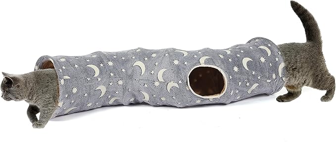 Cat Tunnel Tube with Plush Ball Toys Collapsible Self-Luminous Photoluminescence, for Small Pets Bunny Rabbits, Kittens, Ferrets,Puppy and Dogs Grey Moon Star (S-Shape)