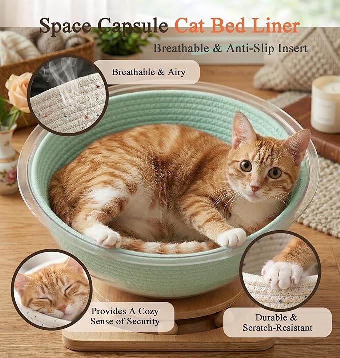Cotton Rope Cat Bed Mat for Space Capsule, 11.8" Breathable Round Nest Liner, All-Season Warm & Cooling Pet Pad, Washable Scratch-Resistant Bedding for Cat Tree & Clear Bowl