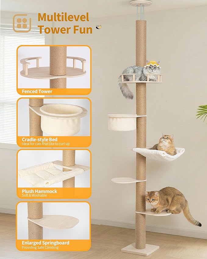Aechonow 9ft Floor to Ceiling Cat Tree for Large Cats, 5'' Deep Nest-Like Hammock for Indoor Kittens, 5-Tier Adjustable Cat Tower(76-108Inch), Beige