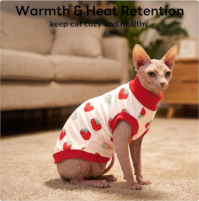 PUMYPOREITY Sphynx Cat Clothes, Stretchy Sweater, Soft Shirt, Pullover Pajamas, Turtleneck for Sphynx, Cornish Rex, Devon Rex, Red, XS