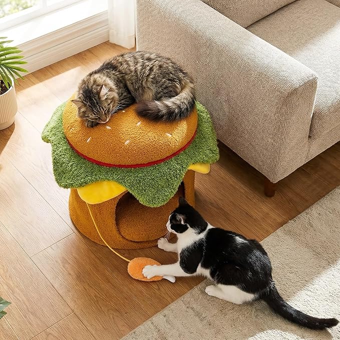 PETSITE 3-in-1 Burger-Inspired Cute Cat House, Multifunctional Cat Ottoman with Interactive Cute Chicken Drumstick-Shaped Toy and Removable Soft Cushion, Cat Hideaway Footstool for Indoor Cats
