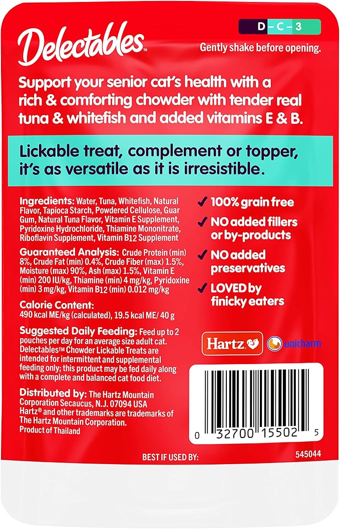Delectables Hartz Chowder Lickable Wet Cat Treats for Senior Cats,Tuna & Whitefish,1.4 Ounce(Packaging May Vary),(Pack of 24)