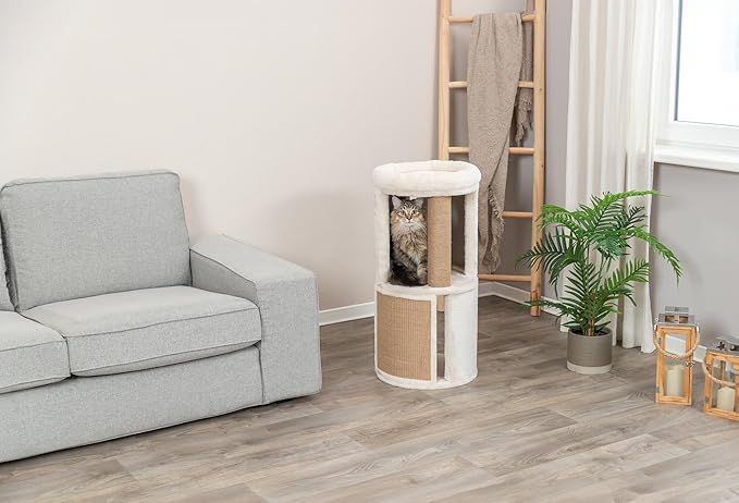 Trixie Giorgia Cat Tower, Combo Plush & Jute Covered Surfaces, Scratching Posts, Indoor Cat Condo with Padded Bed, Beige, 15.7" x 15.7" x 32.3"