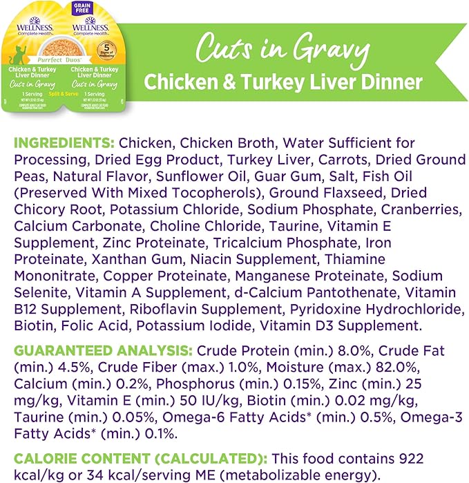 Wellness Complete Health Purrfect Duos Cuts in Gravy Adult Wet Cat Food, Natural, Protein Rich, Grain Free, Chicken and Turkey Liver Dinner Recipe, 2.64 oz, Pack of 12 Split Cups