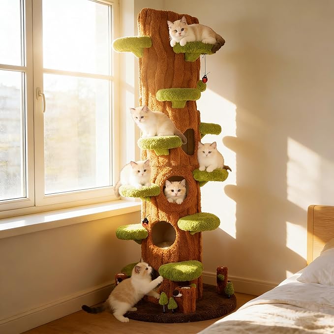NUNU LAB 90.5 Inch Tall Large Cat Tree, Magic Forest Solid Wood Cat Tree Tower with Sisal Scratching Posts, Multi-Level Cat Condo with Side Hideaway Cave, Heavy Duty Cat Tree for Large Cats, Green