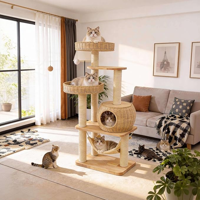 55" Wood Cat Tree for Indoor Cats Large Adult,Tall Cat Tower with Scratching Post and Cozy Hammock for Large Cat,Multi-Level Modern Cat Condo with Hand-Woven,Easy to Assemble and Clean