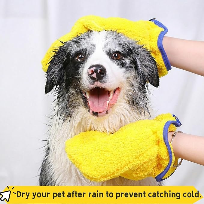Microfiber Pet Drying Glove - Absorbent Dog & Cat Grooming Mitt, Quick Dry Bath Towel Glove for All Pets, One Size Fits All, 2 Pack (Blue/Yellow)