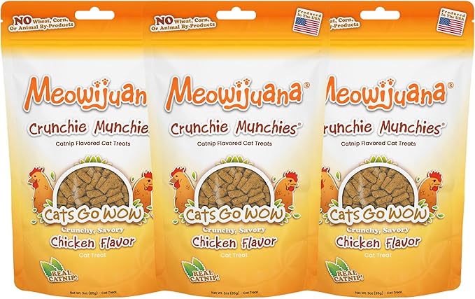 Meowijuana Chicken Treat Trio | 3-Pack Crunchie Munchie Chicken Catnip Treats | Low Calorie Cat Snack | Made with Organic Catnip | Produced in the USA