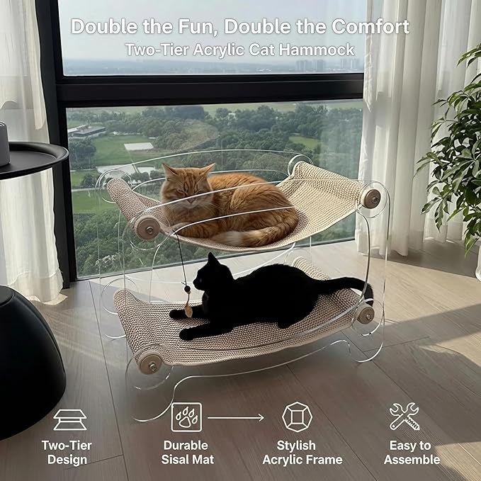 Cat bunk beds Cozy Acrylic cat Hammock Bed with sisal Scratcher - Double-Layer Hammock for Indoor Cats and Small Dogs - Soft & wear-Resistant