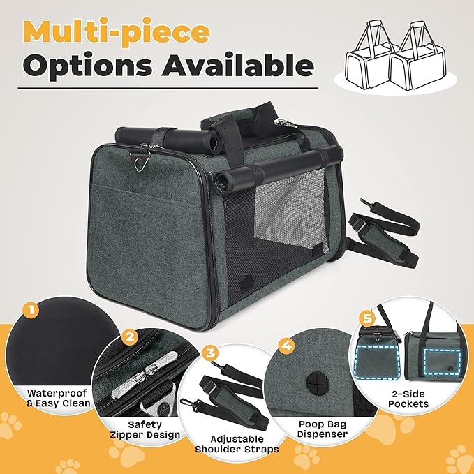YUDODO 25lbs Cat Carrier Lightproof Soft Sided Pet Carrier for Large Cat & Small Dog Airline Approved Travel Puppy Carriers with Side Pockets & Reflective Mesh Foldable Portable for Outdoor Grey Green