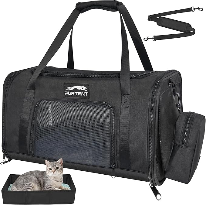 Soft Sided Cat Carrier Airline Approved up to 15lbs, 17x11x9.5 Inch Ventilated Pet Travel Bag with Foldable Litter Box & Storage, Portable Cat Transport Carrier for Flights Car Vet Black