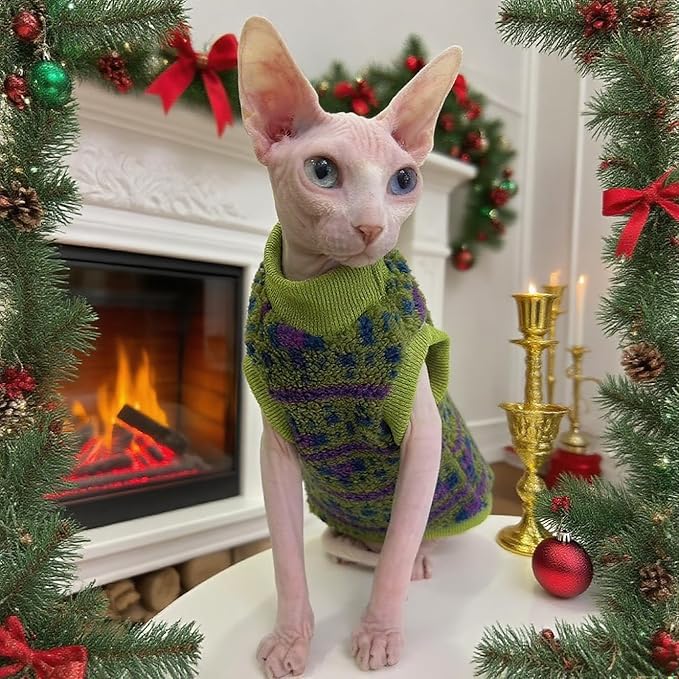 Sphynx Cat Winter Sweater, Warm Soft Fluffy Pet Clothes, for Hairless Cats, Cornish Rex, Devon Rex (Green, XXL (9.5-12 lbs))
