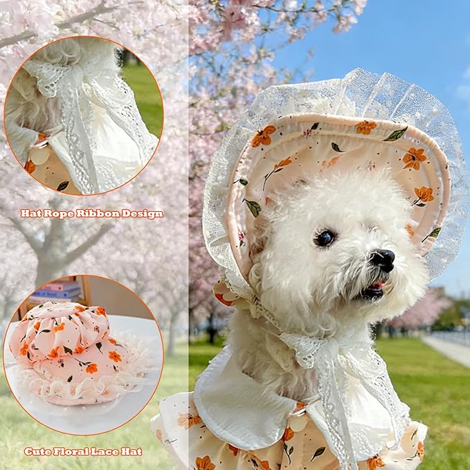 2 Pcs Pet Floral Dress and Lace Sunhat, Summer Skirt with Laces for Dog, Cute Bowknot Dresses for Cat, for Birthday Party and Outdoor Travel (Orange, Medium)