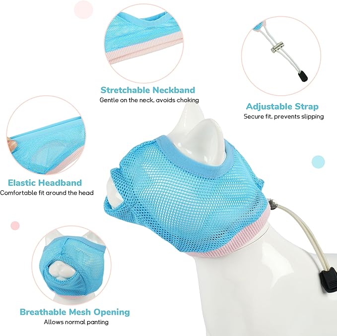 PUMYPOREITY 2 Pack Soft Cat Head Cover, Breathable Mesh Calming Muzzle with Adjustable Fit, Anti-Bite Protection for Cats During Grooming, Nail Trimming, Bathing and Vet Visits, M, Blue