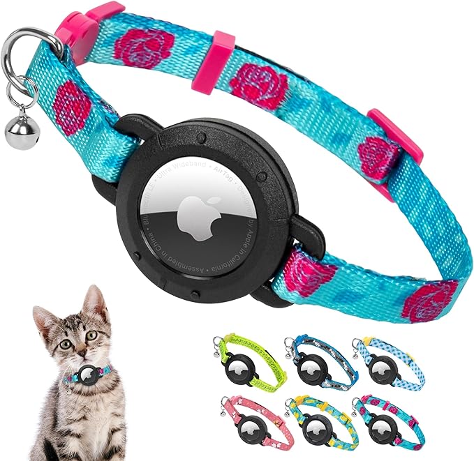 azuza AirTag Cat Collar Breakaway, Integrated Cat Collar with Air Tag Holder and Bell, Safety Lightweight Cat Tracker Collars for Kittens, Rose, Kittens (7"-9")