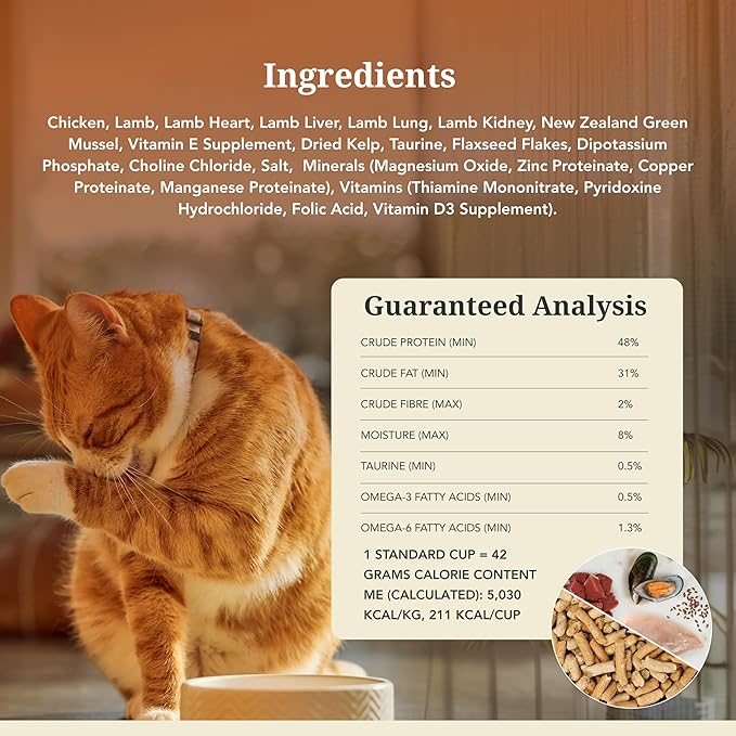 Feline Natural High Protein Dry Cat Food, Freeze-Dried Diet with 98% Meat, Organs & Seafood, No Peas, Grains, or Artificial Additives, Made in New Zealand, Chicken & Lamb, 1.8lb