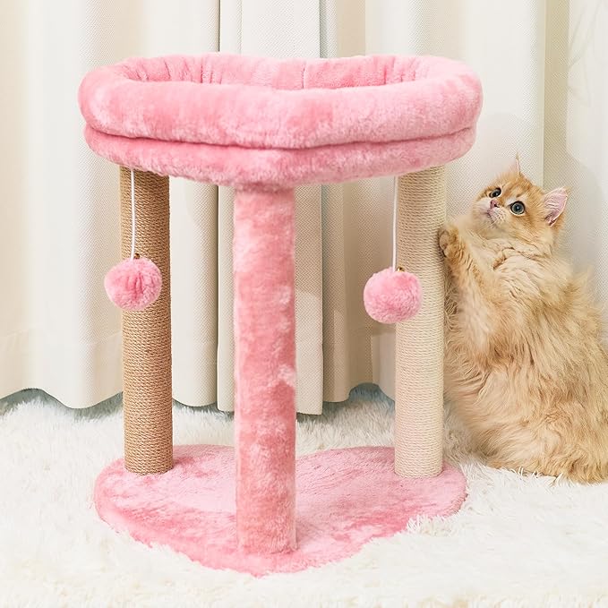Cat Scratching Post Tree 3 in 1 Cat Tree Tower with Soft Bed, Heart Shape Scratch Posts with Two Hanging Ball Toys for Indoor Cats and Kittens Pink