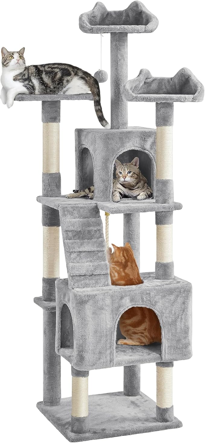 Topeakmart 72in Cat Tree for Indoor Cats, Multi-Level Cat Tower Cat Condo with Scratching Posts, 3 Perches, Cat Furniture Activity Center Play House for Cats Kitten, Light Gray