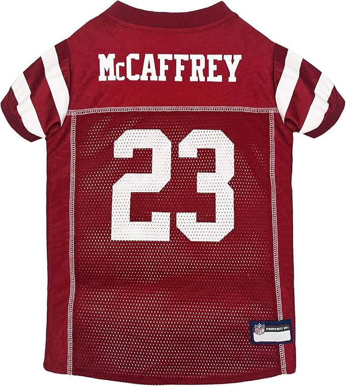 Pets First NFLPA Christian MCCAFFREY PET Jersey #23, NFL Dog Shirt, San Francisco 49ers Mesh Jersey, Size X-Large