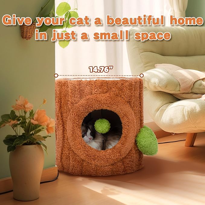 KAMABOKO Cat House for Indoors Cats, Luxury Cat House Bed with Scratch Table ＆ Soft Cushion, Cat Condo with Hanging Ball Toy for Small Medium Pets, Brown