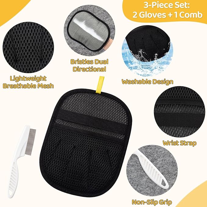 Pet Hair Removal Glove for Dogs & Cats, Upgraded 2PCS Five-Finger Electrostatic Pet Hair Remover with Grooming Comb, Reusable Washable Magic Brush Hair Tool Mitt for Clothing, Couch, Carpet, Car Seat