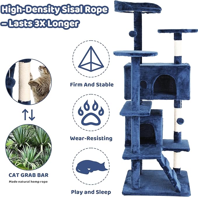 54" Cat Tree for Indoor Cats - Multi-Level Cat Tree Tower with Cat Scratching Post, Perches, Plush Toys & Cozy Hideaways - Cat Tower Makes Perfect Pet Gift - Navy Blue