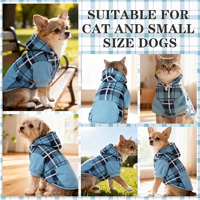 EXPAWLORER Plaid Cat Hoodie - British Style Warm Cat Sweater Shirt with Leash Hole,Pet Clothes Outfits,Winter Coat Apparel for Puppy Cats Girl Boy-Kitten Apparel,Blue L
