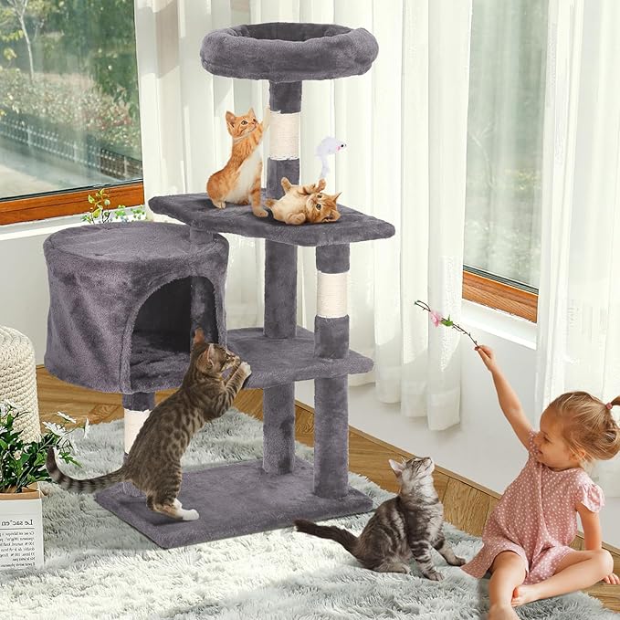 Cat Tree, 36 Inches Indoor Cat Tree Tower Condo, Natural Sisal Cat Scratching Post with Cozy Bed, Small Cats Tree for Kittens, Soft Perch & Cute Toys, Light Gray