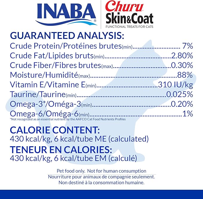 INABA Churu for Skin & Coat, Lickable, Squeezable Cat Treat with Omega Oils, Taurine and Vitamin E, 0.5 Ounces Each Tube, 24 Tubes, Tuna Recipe