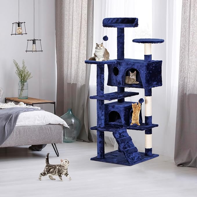 52” Multi-Level Cat Tree Condo Furniture Kitten Activity Play House Bed Pet Kitty Climbing Tower with Scratching Posts/Plush Perch/Scratcher Ladder/Tunnel for Cats,Kittens,Pets (Blue)