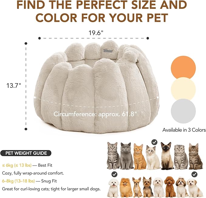 PETNOVO Pumpkin Cat Bed, Cream Plush Donut Cuddler with High Bolster, Non-Slip Cozy Nest for Indoor Cats up to 13 lb and Small Dogs, 20L x 20W x 12H Inch