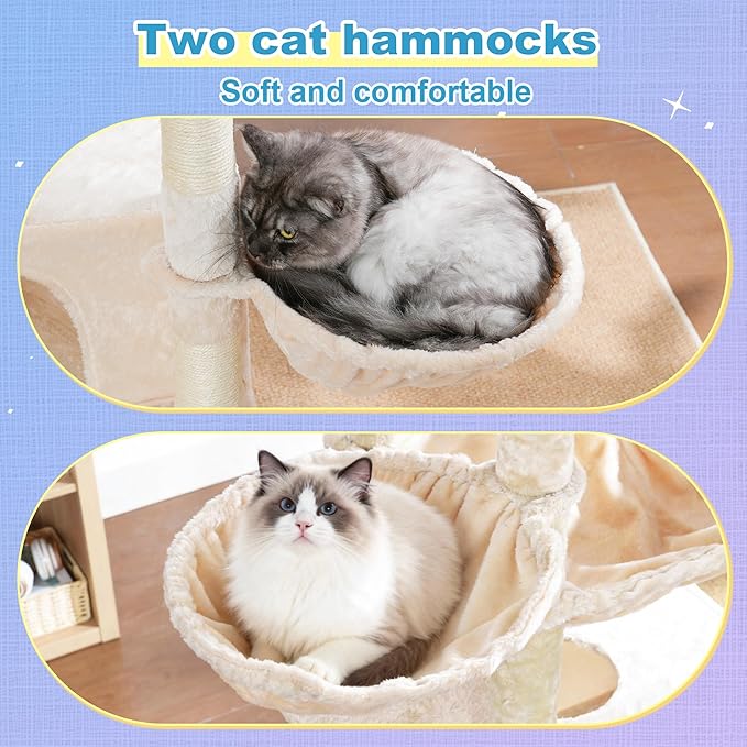 Hey-brother Cat Tree Tower, Scratching Posts with Extra Large Platform and Basket, Specious Condo, 2 Cozy Hammocks, Scratch Board for Indoor Adult Cats, Maine Coon 71.7 inches, Beige MPJ080M