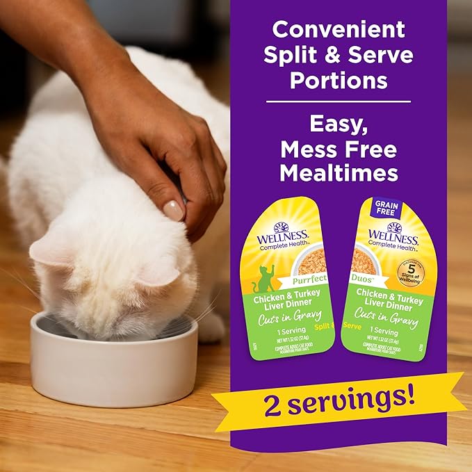 Wellness Complete Health Purrfect Duos Cuts in Gravy Adult Wet Cat Food, Natural, Protein Rich, Grain Free, Chicken and Turkey Liver Dinner Recipe, 2.64 oz, Pack of 12 Split Cups