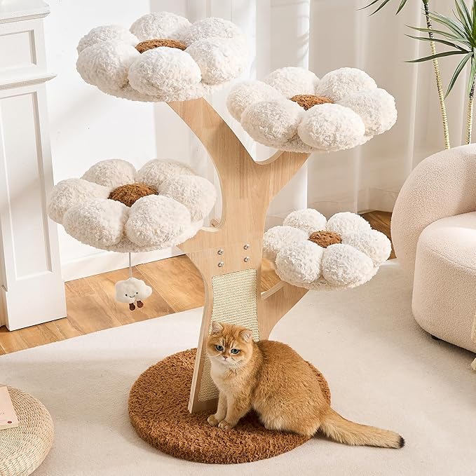 Aesthetic Flower Cat Tree Tower with Scratching Post for Indoor Cats, 48" Modern Cat Tree with Wood Sculpted Branch, Flower Cat Beds, Scratching Board & Interactive Squeaky Toy, Creamy White