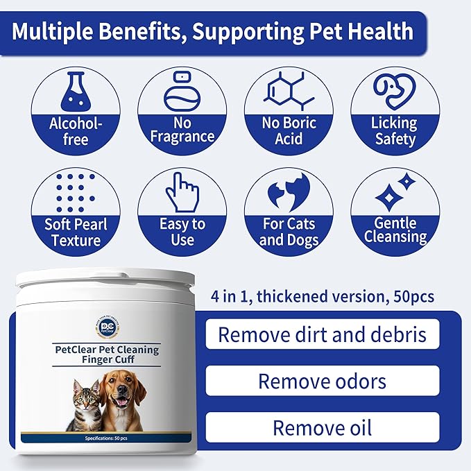 Cleaning Finger Wipes for Dogs and Cats, 4 in 1 Pet Finger Wipes, Cleaning, Soothing, Decodorizing Teeth, Ears, Eyes, Chin, Removes Dirt and Odors, Non Irritating, 50 Pcs (1 Count)