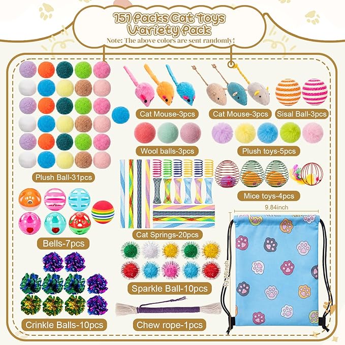 Leitee 100 Pcs Cat Toys Assortment with 1 Gift Storage Bag, Interactive Cat Play Set for Indoor Kitten, Colorful Springs, Mouse Toys, Chew Ropes, Balls, Bells & Sisal Ball (Ball Toy)