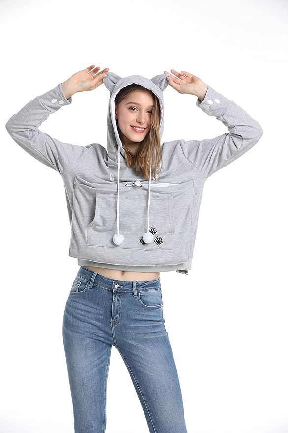 ALYC Unisex Hoodies Pet Holder Cat Dog Kangaroo Pouch Carries Pullover with Cat Printing Sweatshirt (Light Grey, XXL)