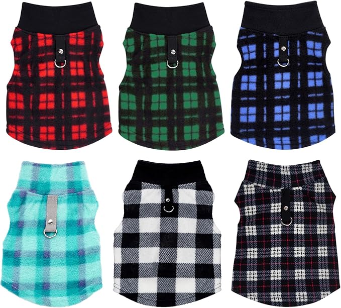 Rbenxia 6 Piece Buffalo Plaid Dog Sweater Set Soft Fleece Vest & Pullover Jacket with Leash Ring for Puppy, Cat Small Dog Pets Warm Winter Outfits (Red, Green, Blue, Black, Bright Blue, Gray, Medium)