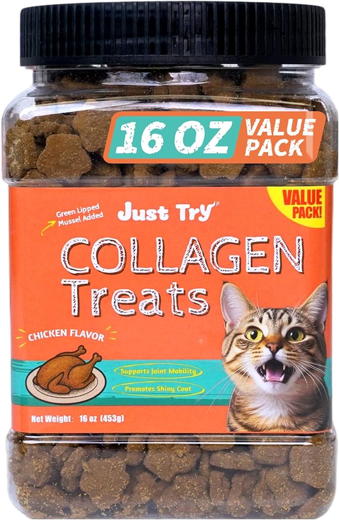 Just Try 16 OZ Collagen Cat Treats Anti-Aging Support Flavor Healthy Cat Snacks Training Biscuits Skin Elasticity & Joint Health for Cats