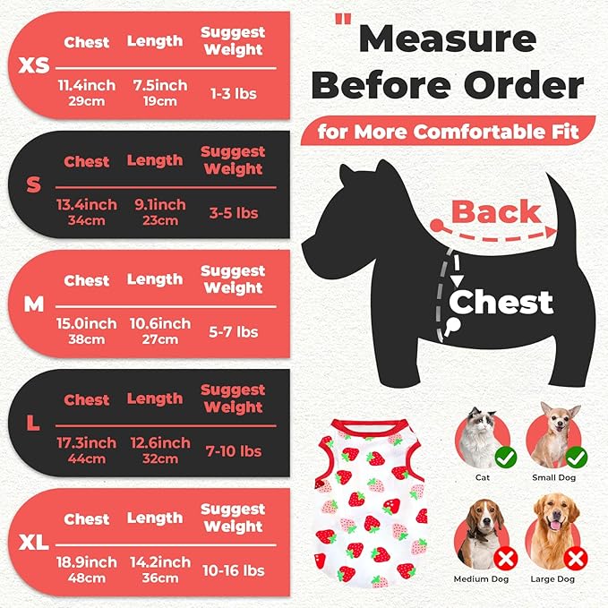 PETCARE Cartoon Dog Shirts for Small Dogs Cute Dog Clothes Red Strawberry Tshirt Soft Cotton Puppy Pajamas Breathable Sleeveless Pet Tank Top Spring Summer Dogs Clothes for Chihuahua Yorkie Shih Tzu