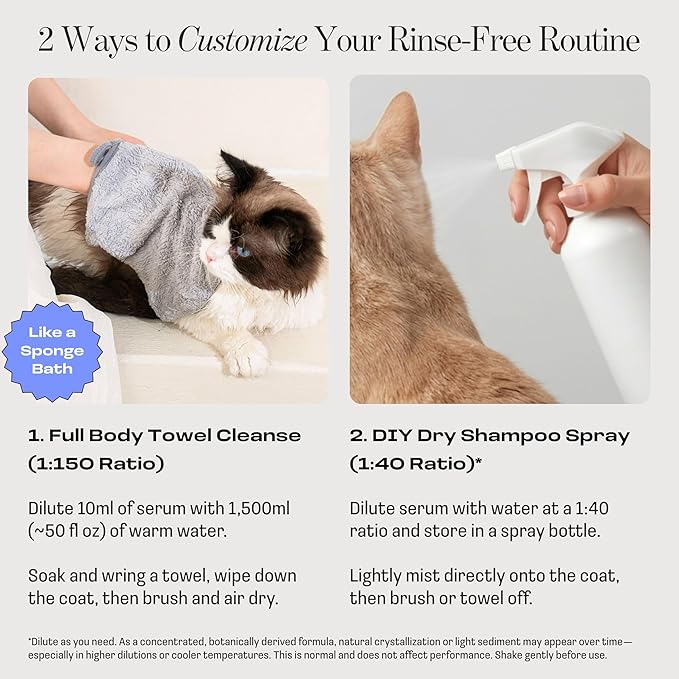 Cat Concentrated Waterless Rinse-Free Shampoo & Conditioner – DIY Dry Shampoo Spray or Towel Cleanse for Cats - Sensitive Skin, Stress & Itch Relief – 98.65% Naturally Derived