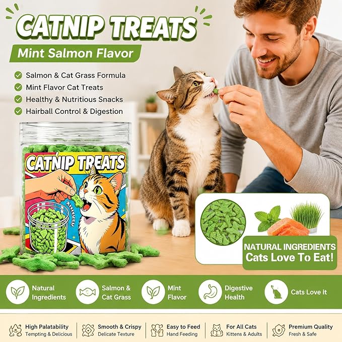 Catnip Cat Treats - Mint Flavor Crunchy Biscuits for Dental Health, Made with Real Fish in a 6oz Resealable Jar
