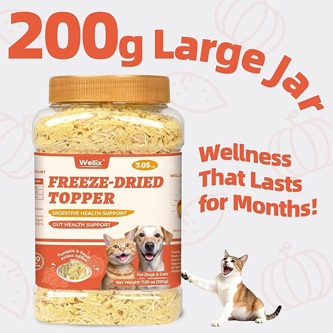 Wellix 7.05 oz Dog & Cat Food Topper - Pumpkin & Sweet Potato Flavor Freeze Dried Chicken Formula Low Calorie - Support Constipation Relief & Gut Health, Boost Immune System