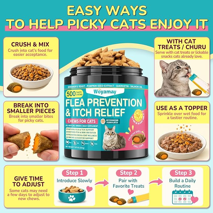 Woyamay Flea Treatment for Cats & Itch Relief Chews, 500 Crunchy Cat Flea Treatment Chews, Cat Itchy Skin Relief, Cat Itching Relief & Skin Care, Flea Prevention for Cats, Chicken Flavor