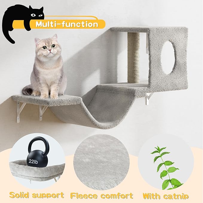 NUNU LAB Wall Mounted Cat Climber Set, 6 Pcs Cat Furniture Set with House, Bridge, Steps, Scratcher Board and Hammock, Shelves for Indoor, Luxury Walls Furniture, Silver Grey