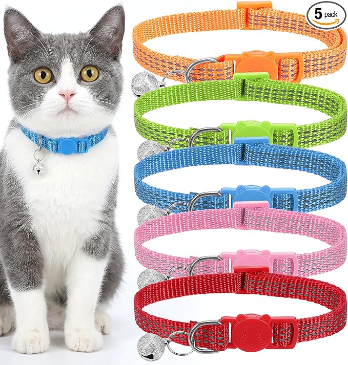 Reflective Cat Collar, Breakaway Cat Collars Kitten Collar with Bells Adjustable Collars for Small Cats Safety Quick Release Safety Buckle 7.9-13 Inches 5 Bright Colors for Small Pets