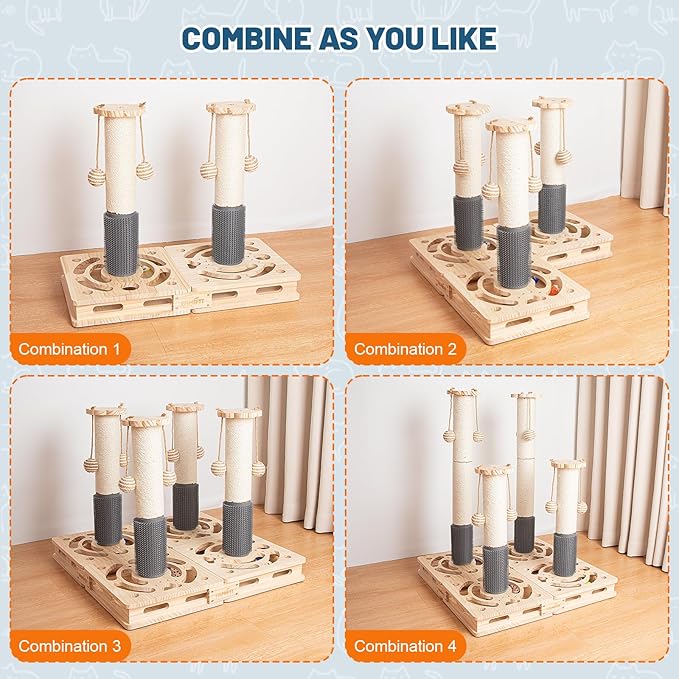 20.5 Inch Cat Scratching Post, 4-in-1 Interactive Maze Base with Cat Self Groomer, Natural Pine Wood & Premium Sisal Scratching Pole, Anti-Slip Detachable Design for Indoor Cats