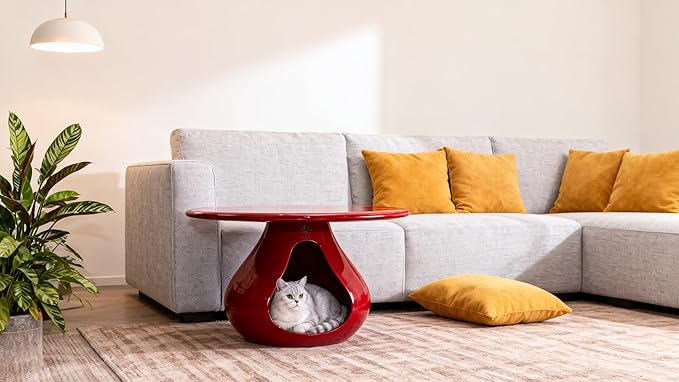 2-in-1 Gourd-Shaped Coffee Table & Pet Bed - Modern Living Room Furniture with Eco-Resin Top(A-Red)